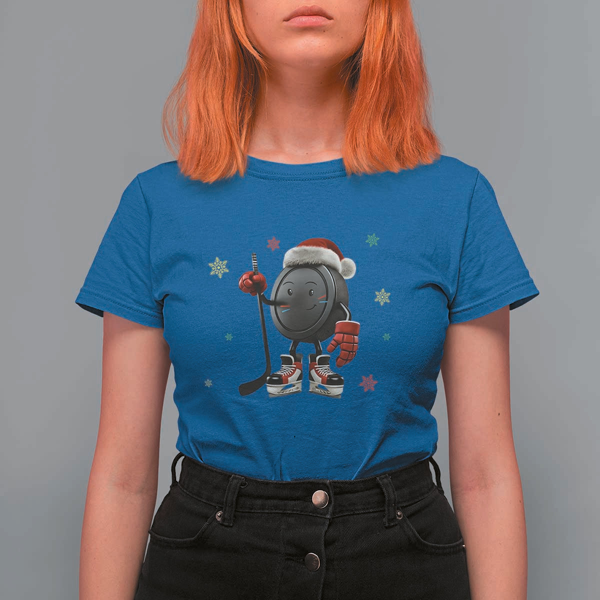 Funny Ice Hockey Holiday Gift T Shirt For Women Cute Puck Wearing Santa Hat - Wonder Print Shop