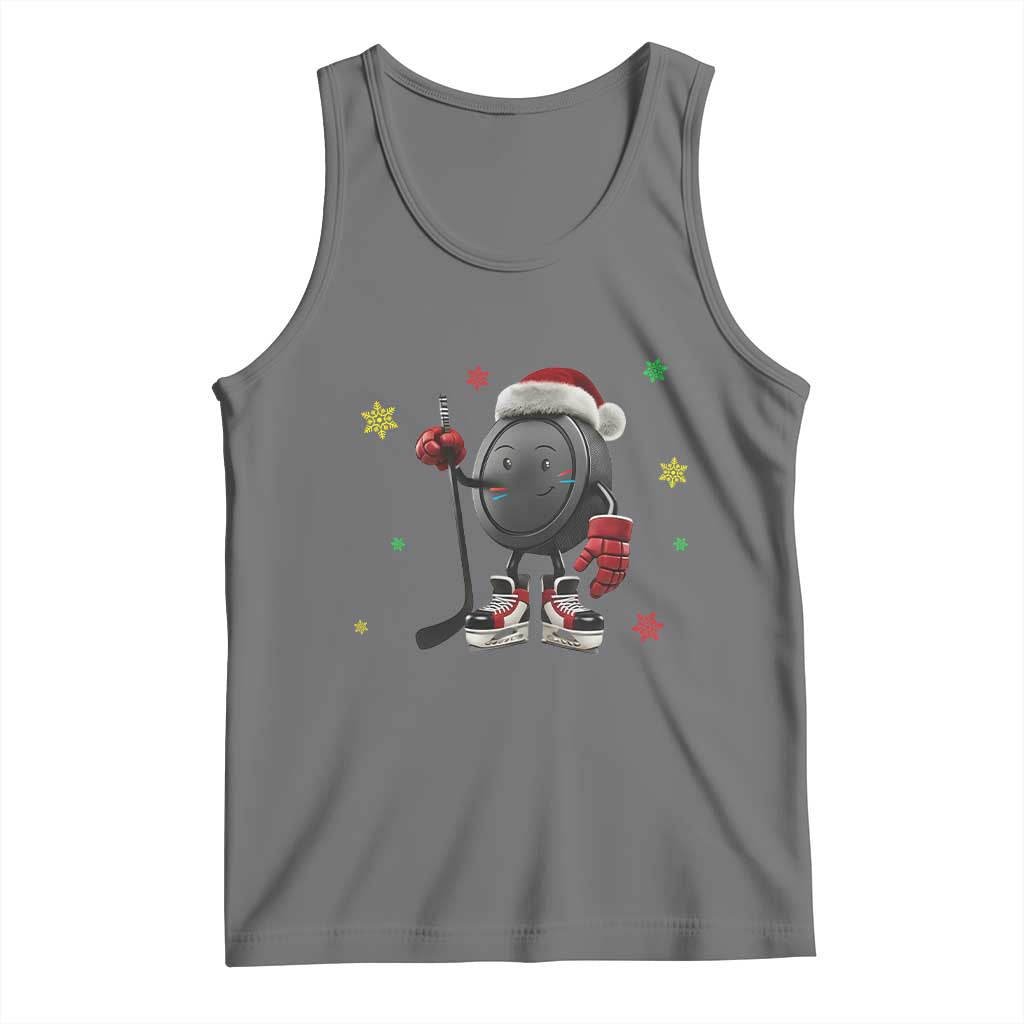 Funny Ice Hockey Holiday Gift Tank Top Cute Puck Wearing Santa Hat - Wonder Print Shop