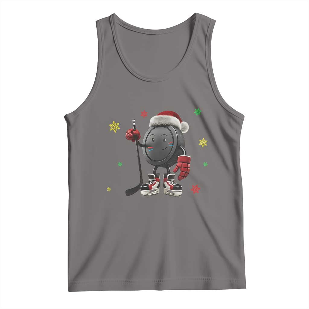 Funny Ice Hockey Holiday Gift Tank Top Cute Puck Wearing Santa Hat - Wonder Print Shop