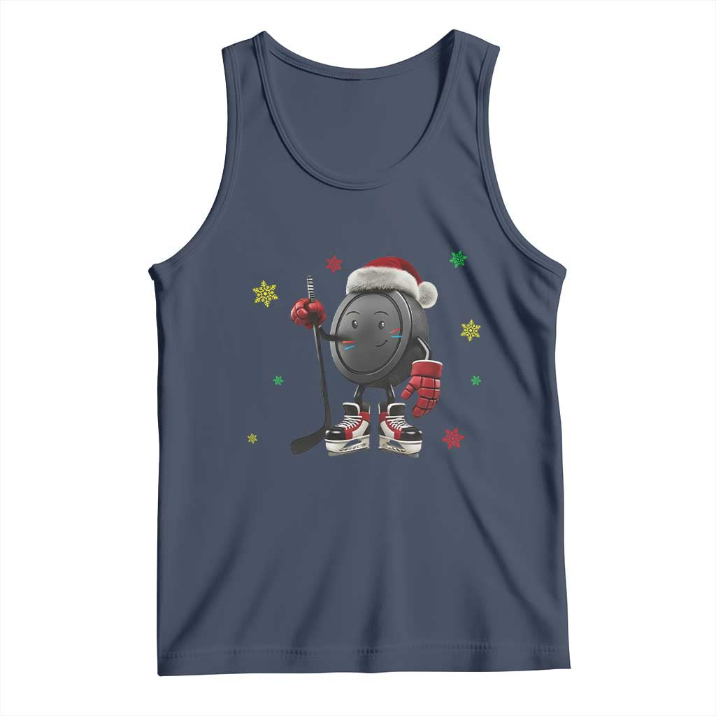 Funny Ice Hockey Holiday Gift Tank Top Cute Puck Wearing Santa Hat - Wonder Print Shop