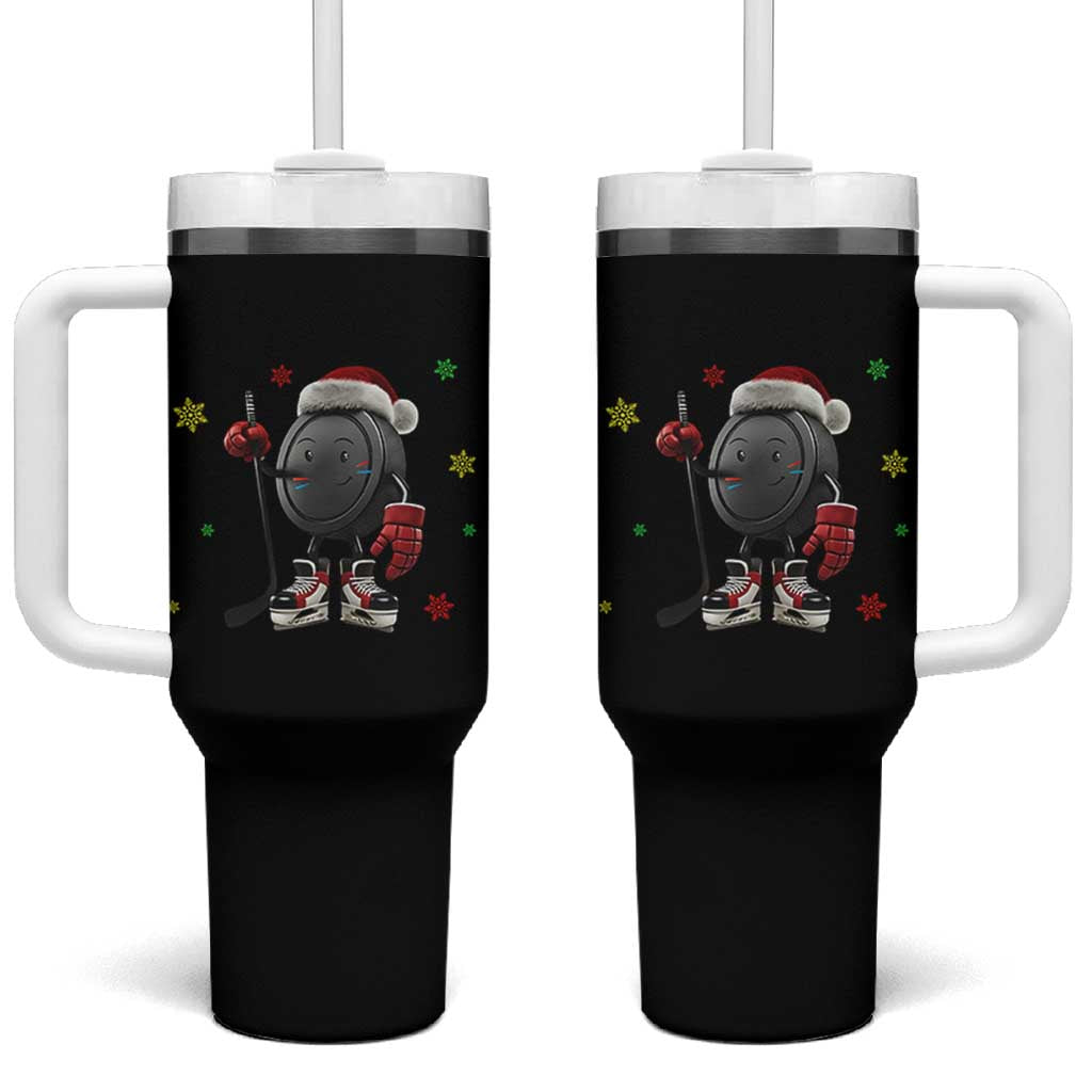 Funny Ice Hockey Holiday Gift Tumbler With Handle Cute Puck Wearing Santa Hat - Wonder Print Shop