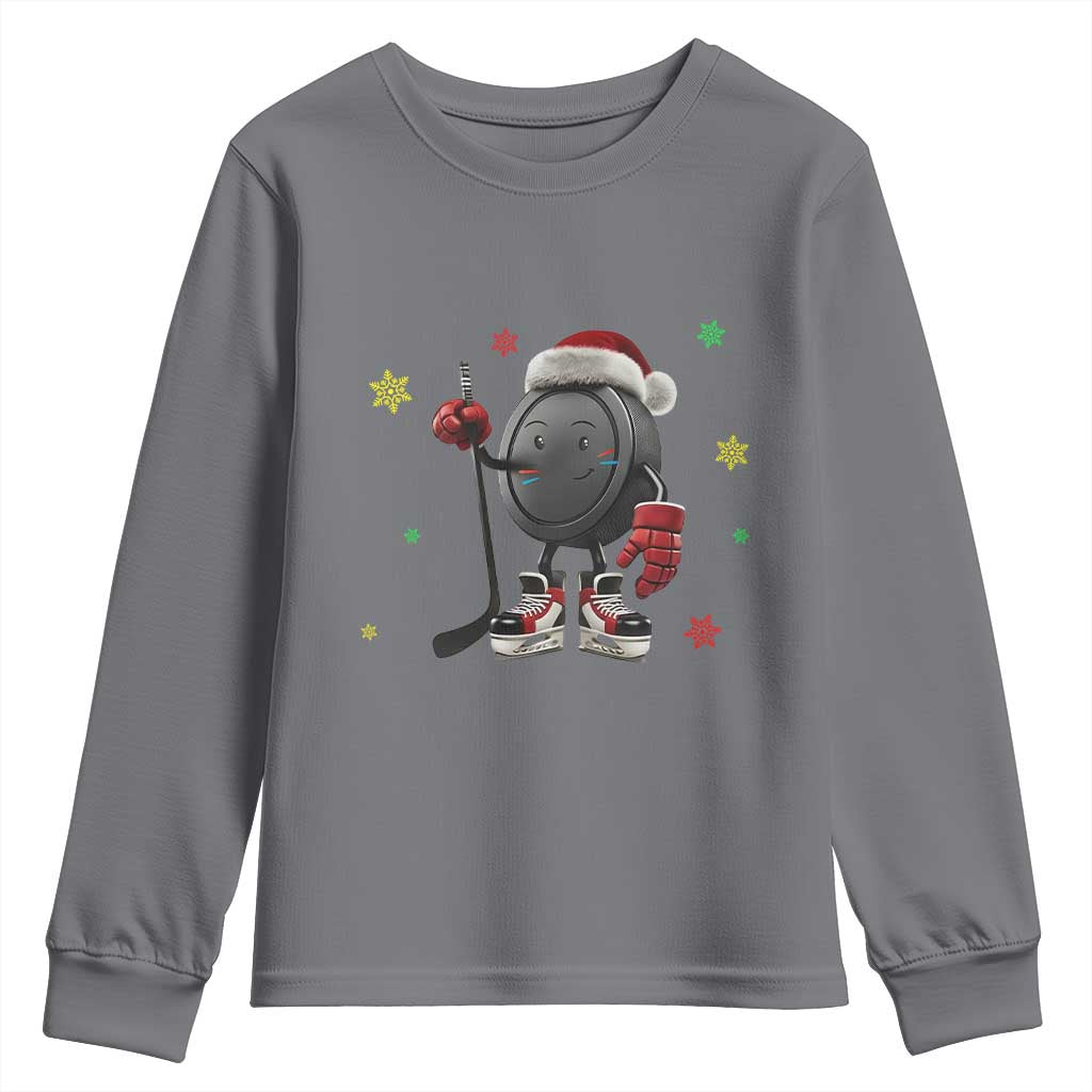 Funny Ice Hockey Holiday Gift Youth Sweatshirt Cute Puck Wearing Santa Hat - Wonder Print Shop