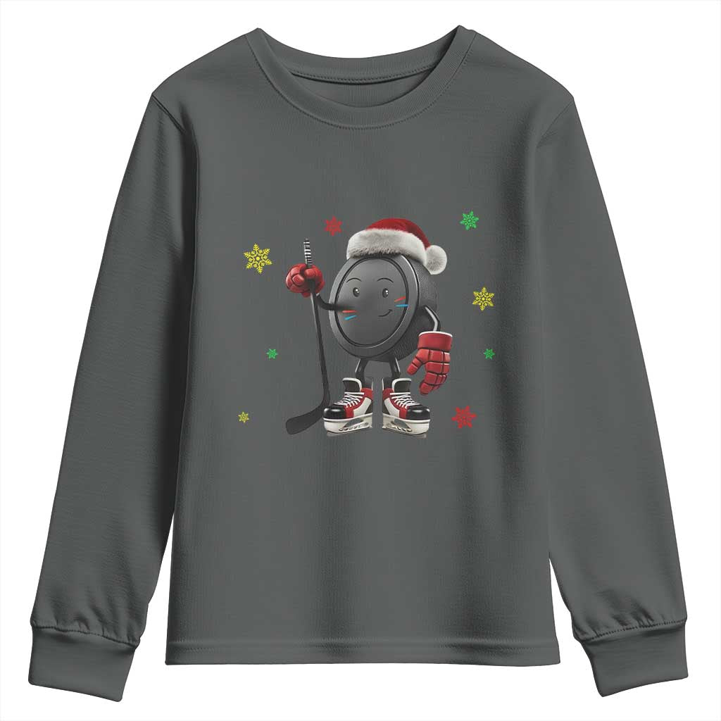 Funny Ice Hockey Holiday Gift Youth Sweatshirt Cute Puck Wearing Santa Hat - Wonder Print Shop