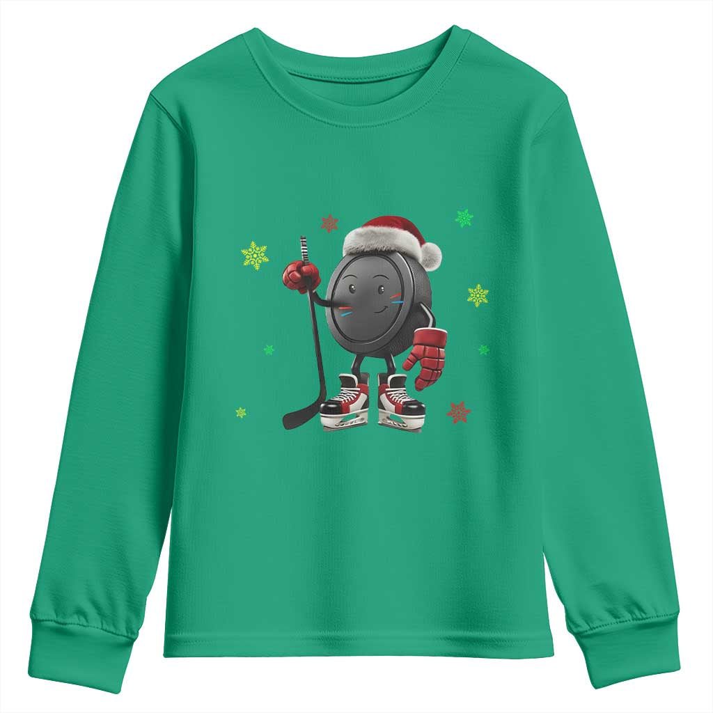 Funny Ice Hockey Holiday Gift Youth Sweatshirt Cute Puck Wearing Santa Hat - Wonder Print Shop