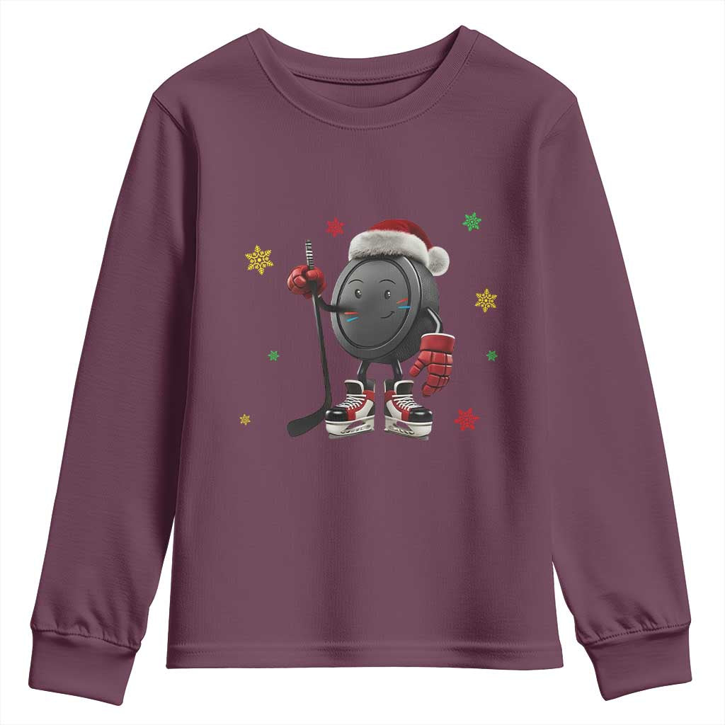 Funny Ice Hockey Holiday Gift Youth Sweatshirt Cute Puck Wearing Santa Hat - Wonder Print Shop