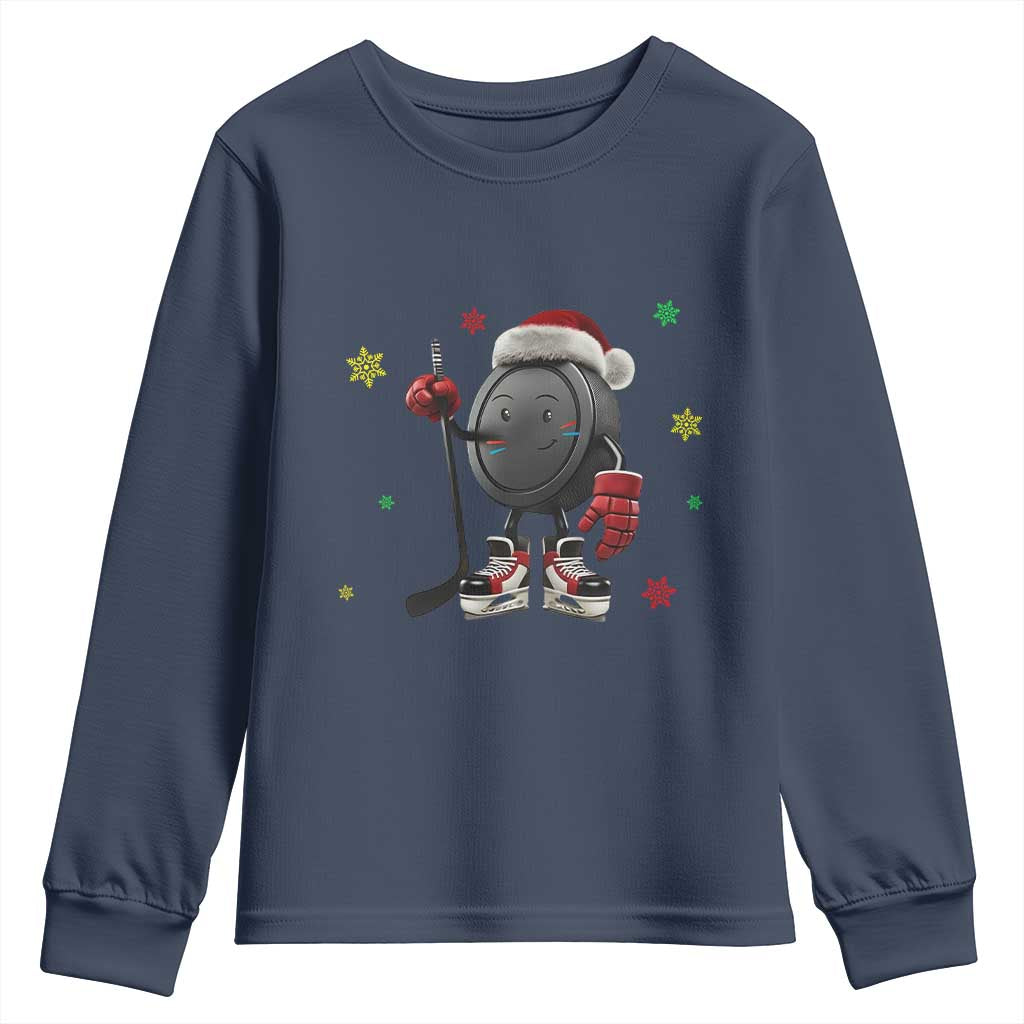 Funny Ice Hockey Holiday Gift Youth Sweatshirt Cute Puck Wearing Santa Hat - Wonder Print Shop