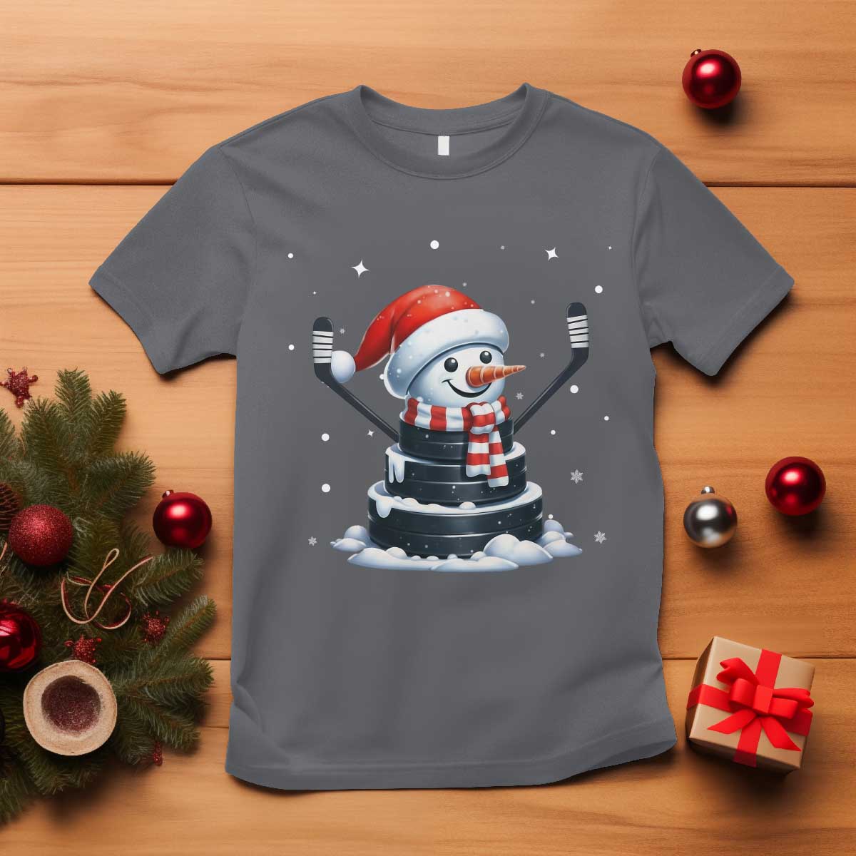 Hockey Puck Snowman T Shirt Funny Holiday Christmas Gift - Wonder Print Shop
