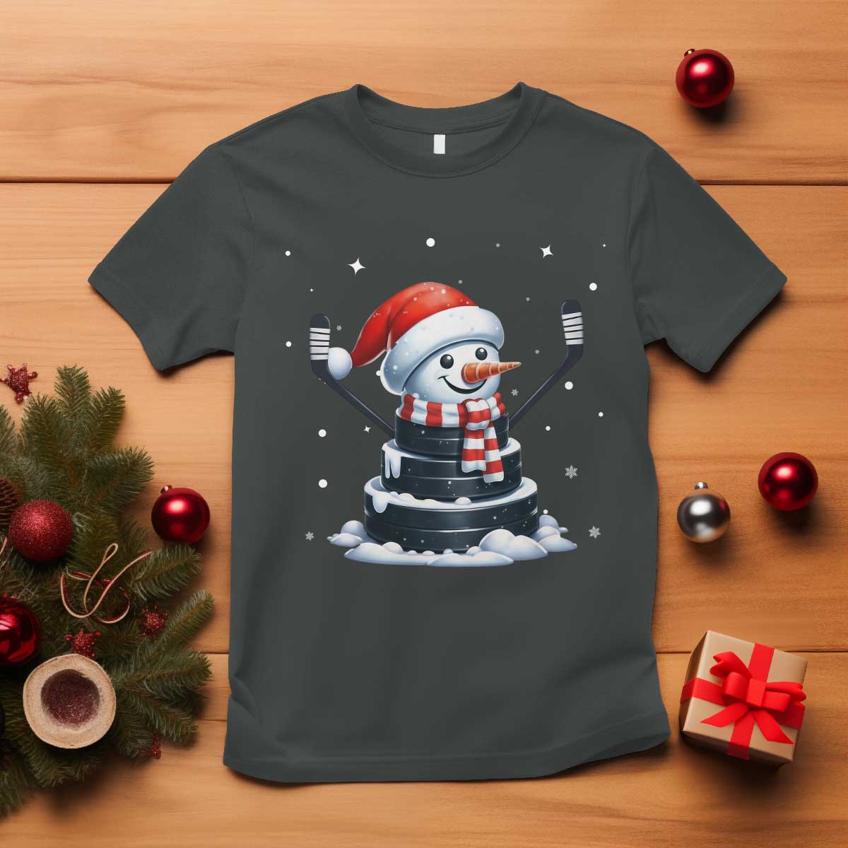 Hockey Puck Snowman T Shirt Funny Holiday Christmas Gift - Wonder Print Shop