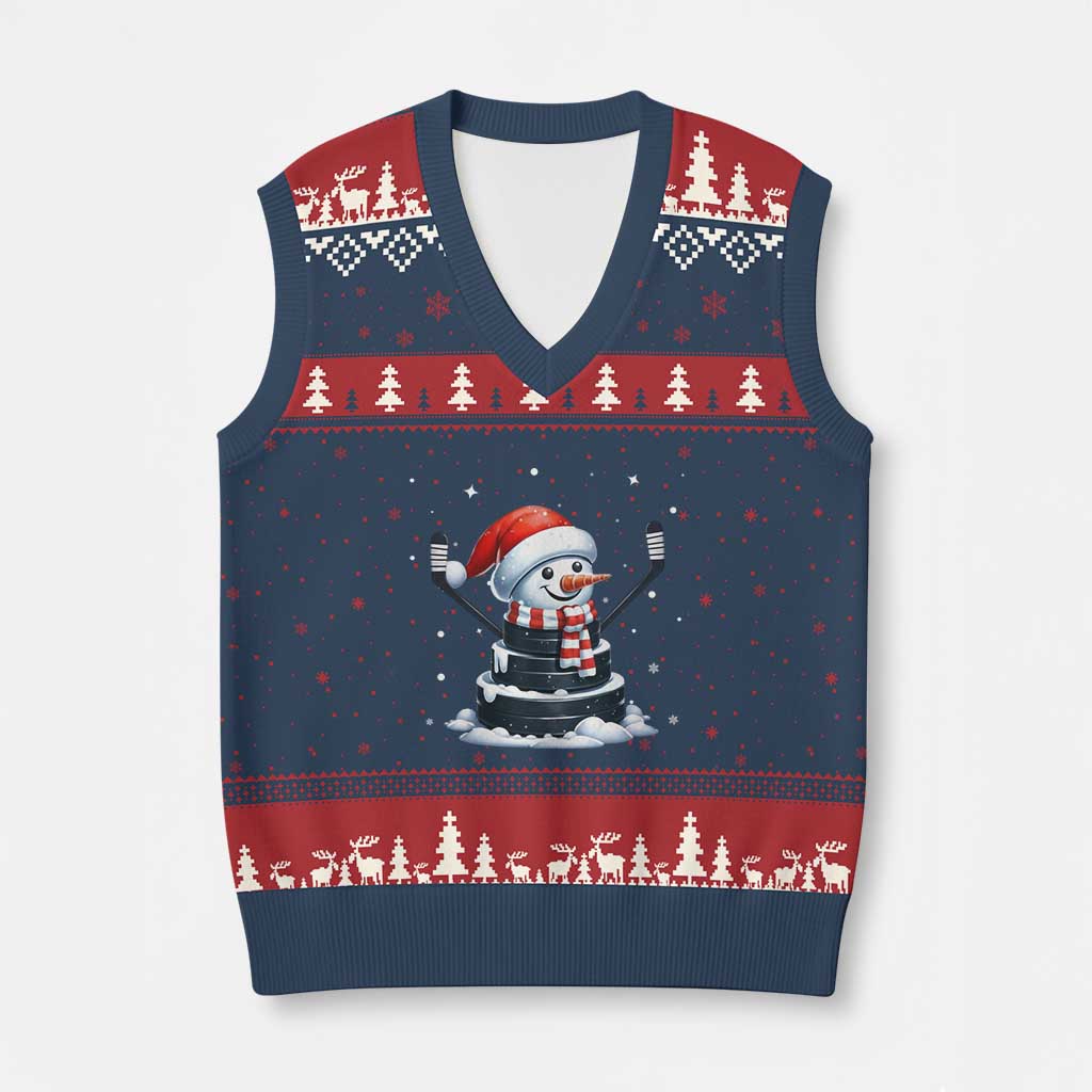 Hockey Puck Snowman V-Neck Knit Sweater Vest Funny Holiday Xmas Gift - Wonder Print Shop