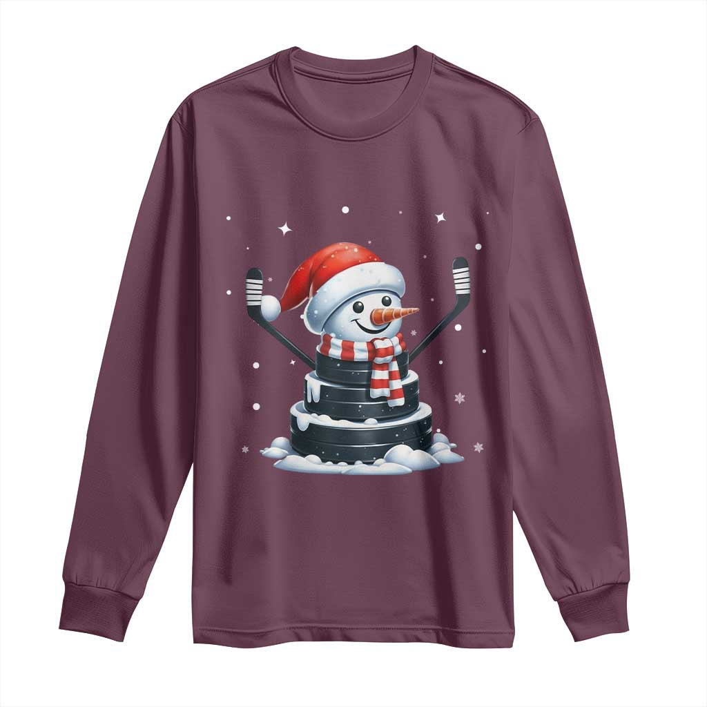 Hockey Puck Snowman Long Sleeve Shirt Funny Holiday Christmas Gift - Wonder Print Shop