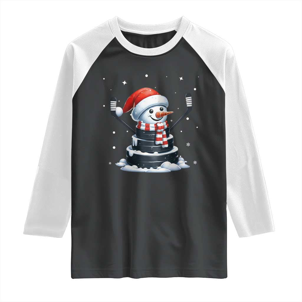 Hockey Puck Snowman Raglan Shirt Funny Holiday Christmas Gift - Wonder Print Shop