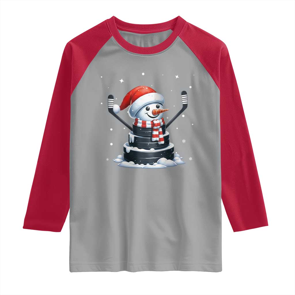 Hockey Puck Snowman Raglan Shirt Funny Holiday Christmas Gift - Wonder Print Shop