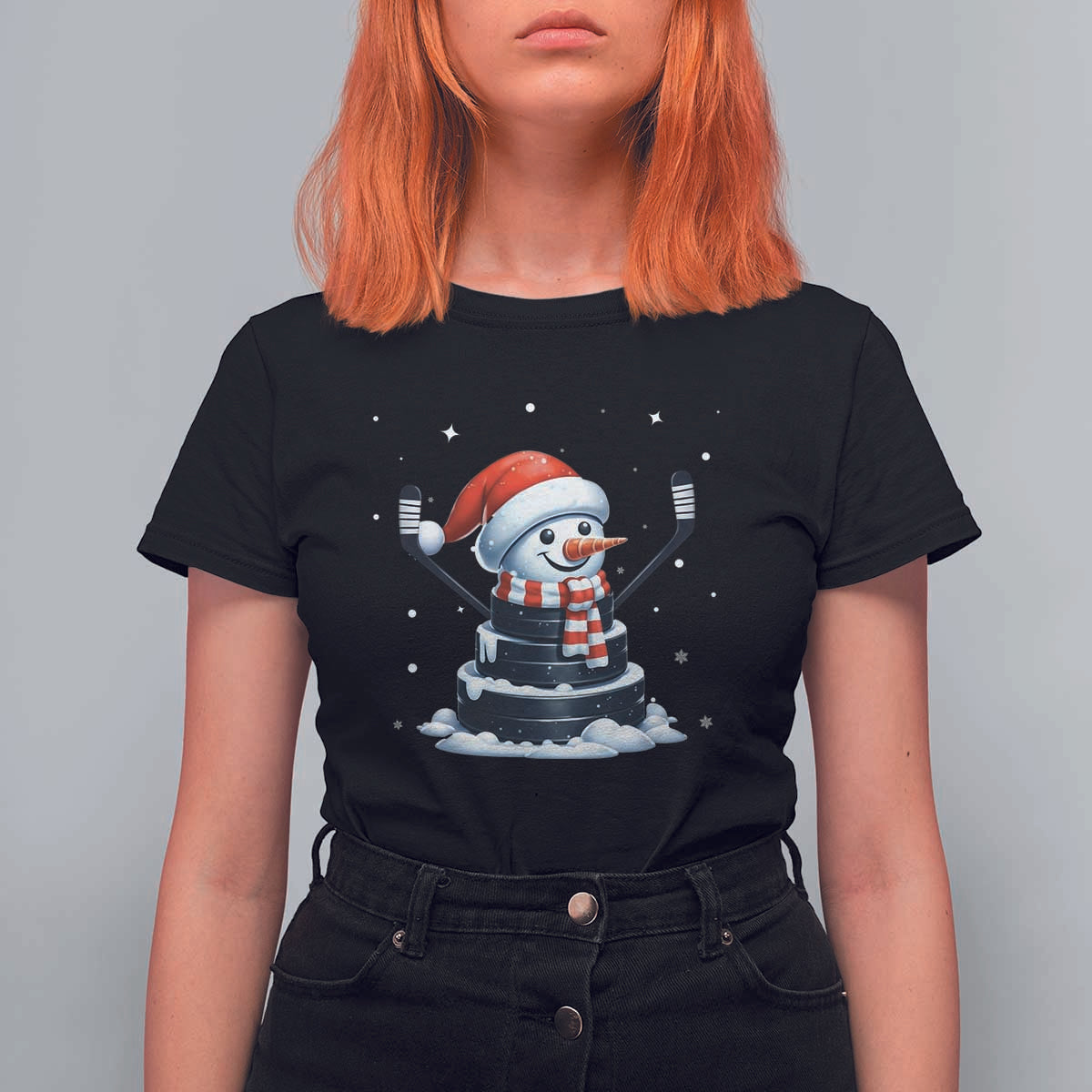 Hockey Puck Snowman T Shirt For Women Funny Holiday Christmas Gift - Wonder Print Shop
