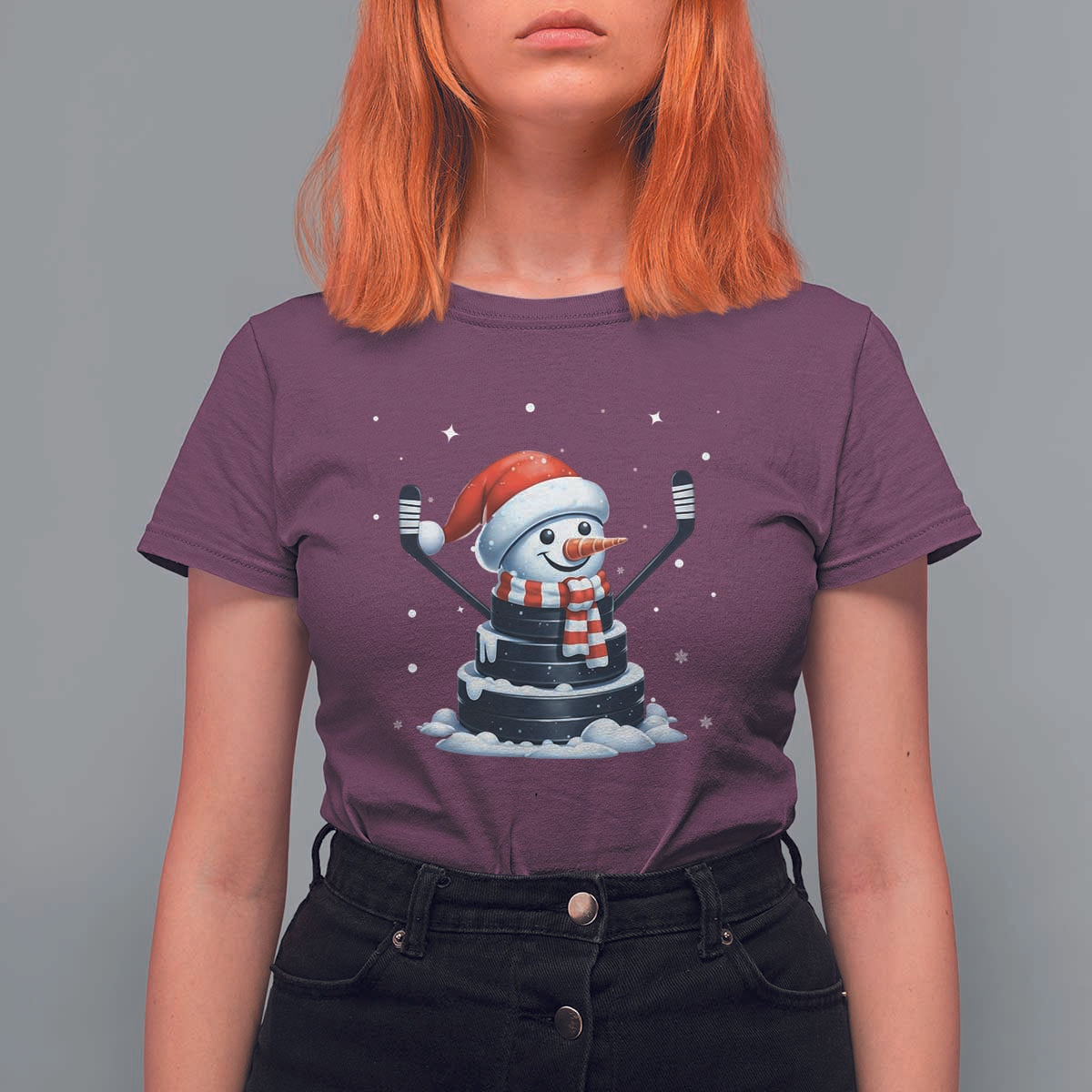 Hockey Puck Snowman T Shirt For Women Funny Holiday Christmas Gift - Wonder Print Shop