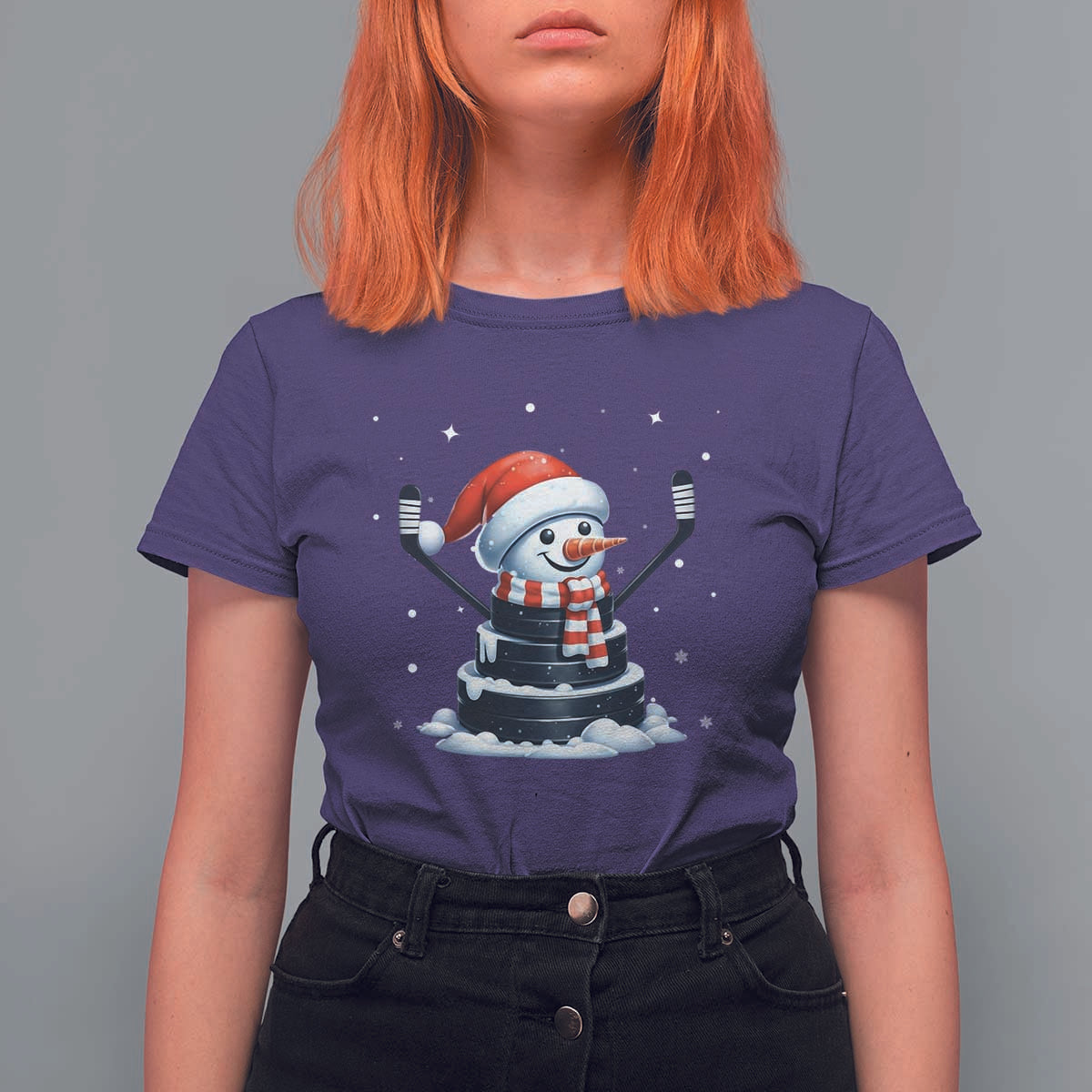 Hockey Puck Snowman T Shirt For Women Funny Holiday Christmas Gift - Wonder Print Shop