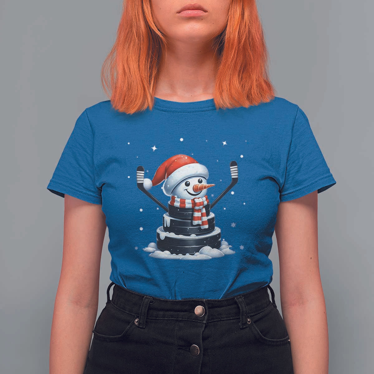 Hockey Puck Snowman T Shirt For Women Funny Holiday Christmas Gift - Wonder Print Shop