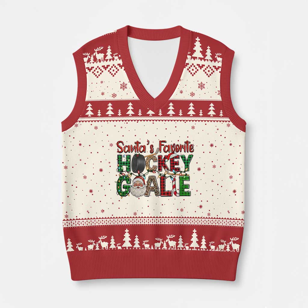 Santa Favorite Hockey Goalie V-Neck Knit Sweater Vest Funny Xmas Gift - Wonder Print Shop