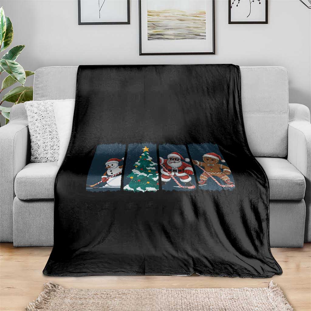 Funny Ice Hockey Christmas Gift Throw Blanket Santa Snowman And Gingerbread Playing Together - Wonder Print Shop