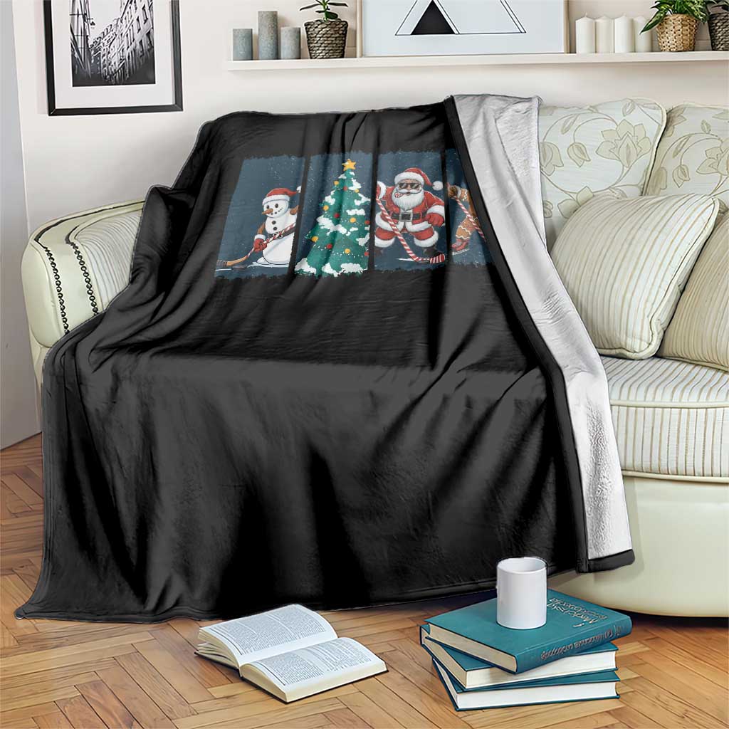 Funny Ice Hockey Christmas Gift Throw Blanket Santa Snowman And Gingerbread Playing Together - Wonder Print Shop