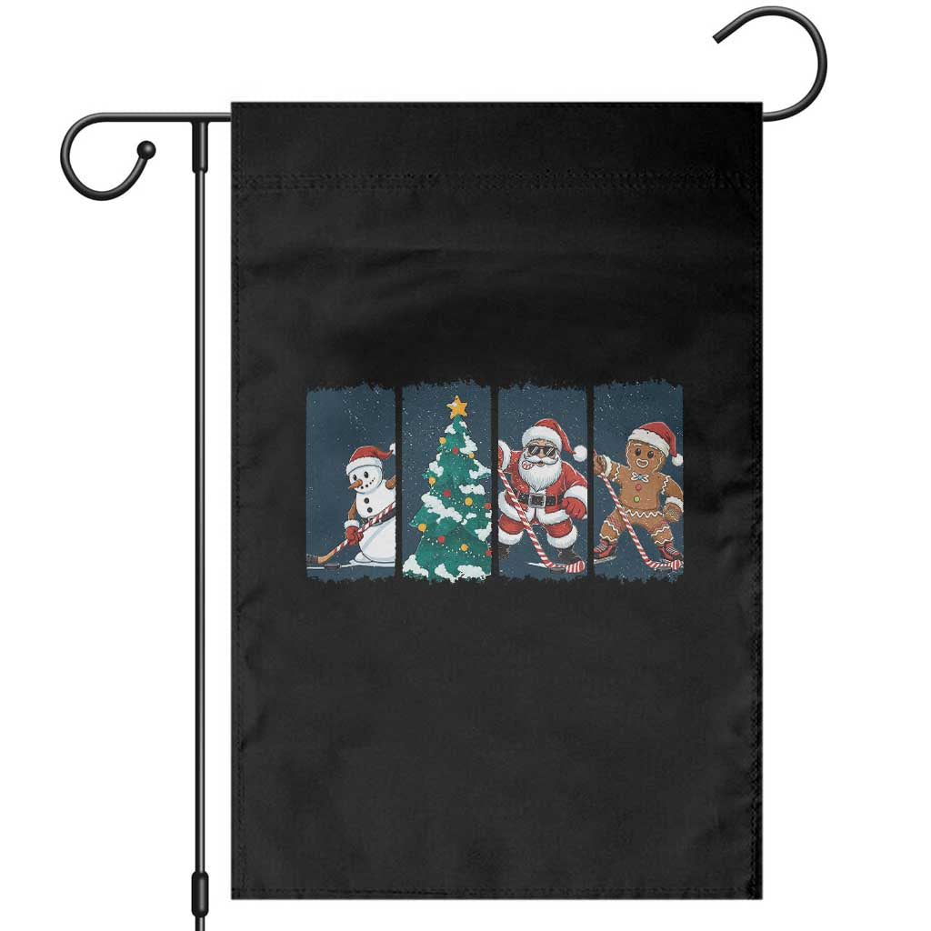 Funny Ice Hockey Christmas Gift Garden Flag Santa Snowman And Gingerbread Playing Together - Wonder Print Shop