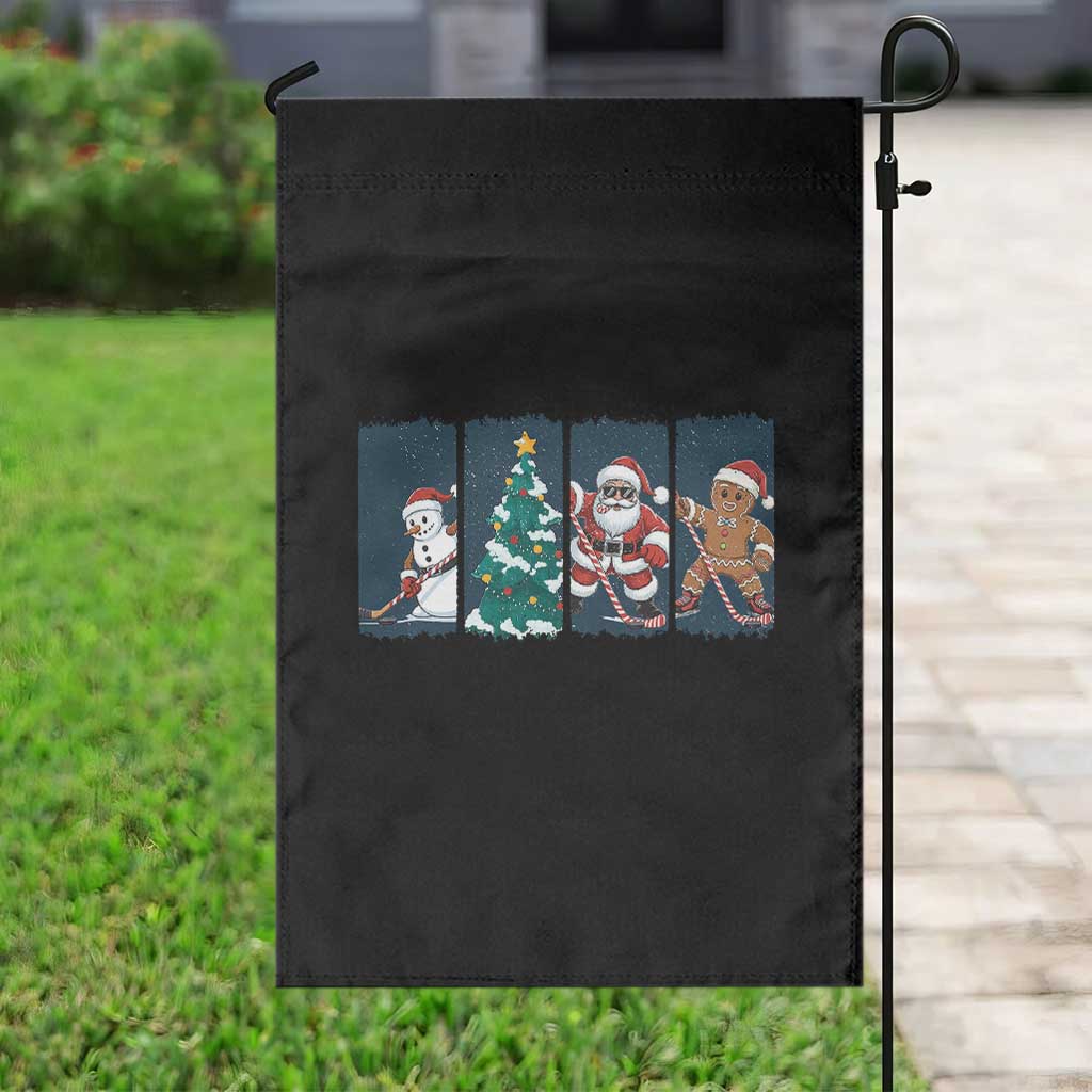 Funny Ice Hockey Christmas Gift Garden Flag Santa Snowman And Gingerbread Playing Together - Wonder Print Shop