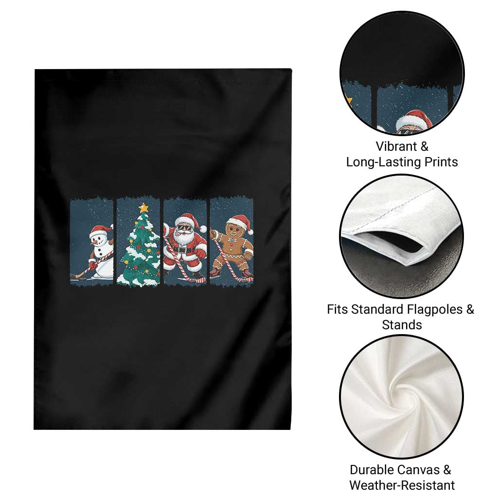 Funny Ice Hockey Christmas Gift Garden Flag Santa Snowman And Gingerbread Playing Together - Wonder Print Shop