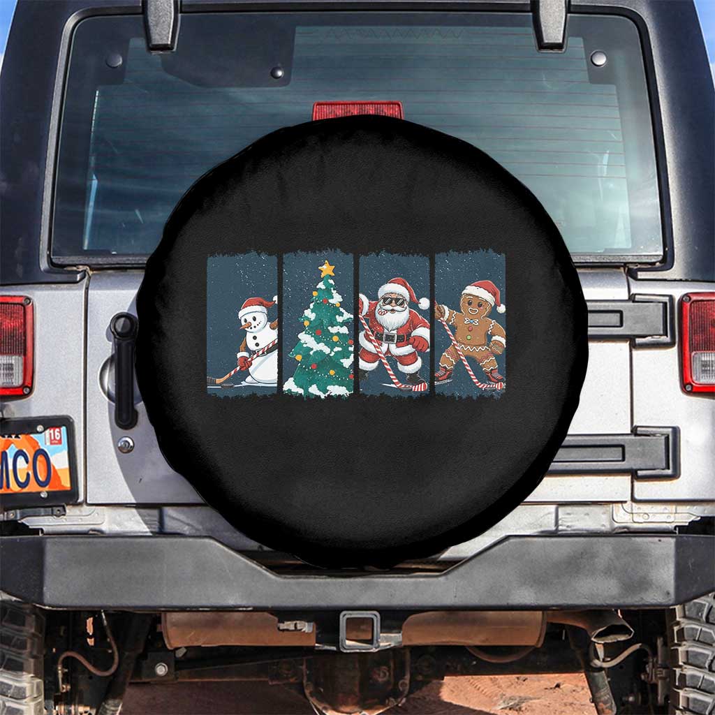 Funny Ice Hockey Christmas Gift Spare Tire Cover Santa Snowman And Gingerbread Playing Together - Wonder Print Shop