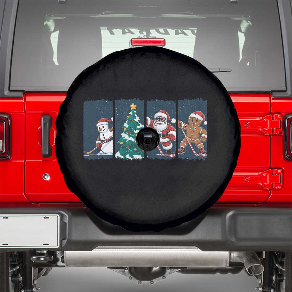 Funny Ice Hockey Christmas Gift Spare Tire Cover Santa Snowman And Gingerbread Playing Together - Wonder Print Shop