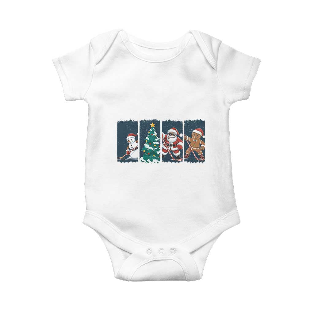 Funny Ice Hockey Christmas Gift Baby Onesie Santa Snowman And Gingerbread Playing Together - Wonder Print Shop