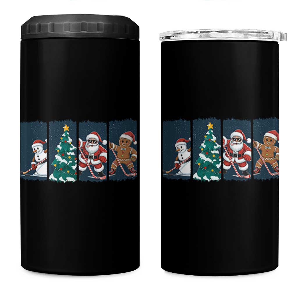 Funny Ice Hockey Christmas Gift 4 in 1 Can Cooler Tumbler Santa Snowman And Gingerbread Playing Together - Wonder Print Shop