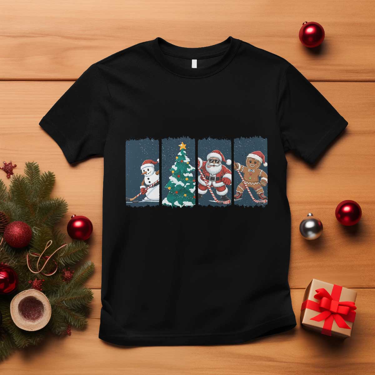 Funny Ice Hockey Christmas Gift T Shirt Santa Snowman And Gingerbread Playing Together - Wonder Print Shop