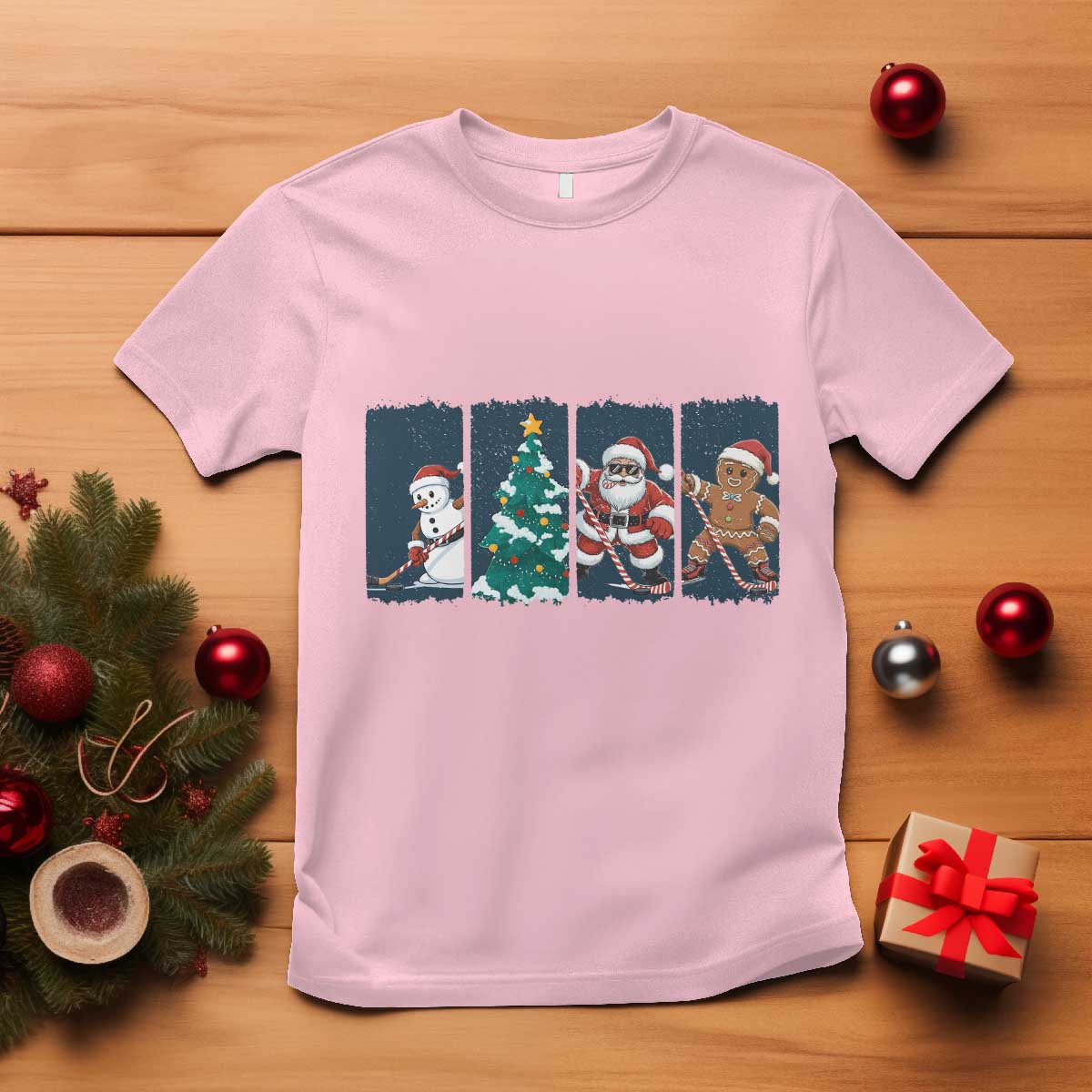 Funny Ice Hockey Christmas Gift T Shirt Santa Snowman And Gingerbread Playing Together - Wonder Print Shop