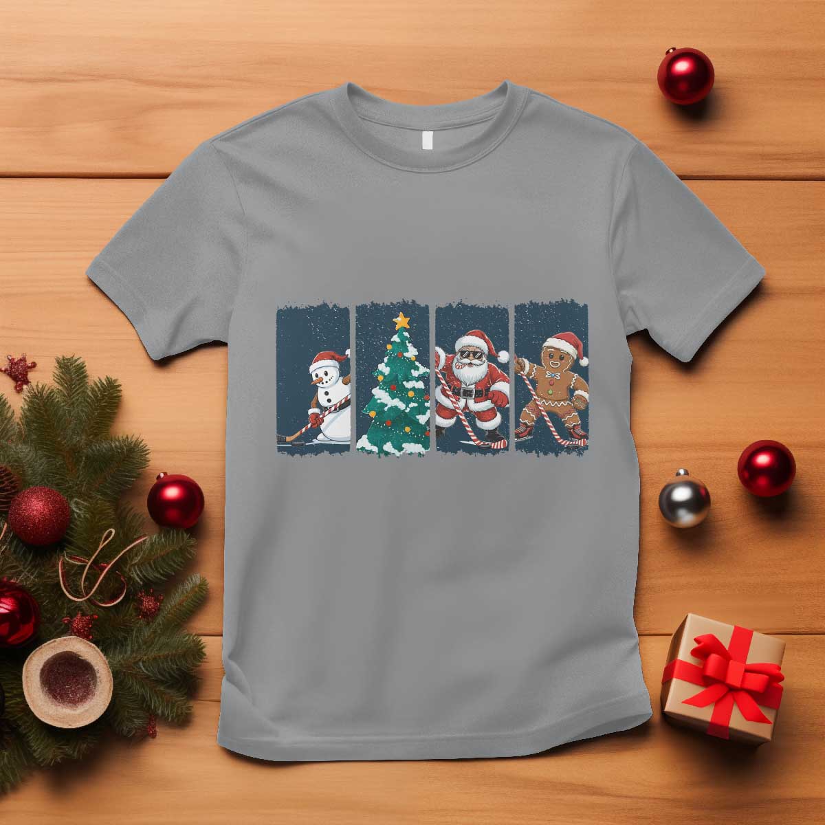 Funny Ice Hockey Christmas Gift T Shirt Santa Snowman And Gingerbread Playing Together - Wonder Print Shop
