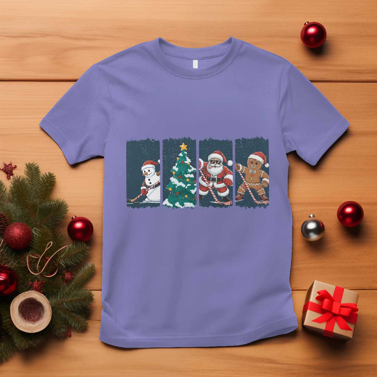 Funny Ice Hockey Christmas Gift T Shirt Santa Snowman And Gingerbread Playing Together - Wonder Print Shop