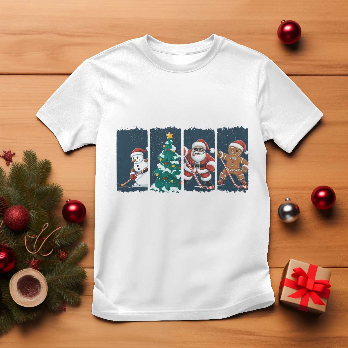 Funny Ice Hockey Christmas Gift T Shirt Santa Snowman And Gingerbread Playing Together - Wonder Print Shop