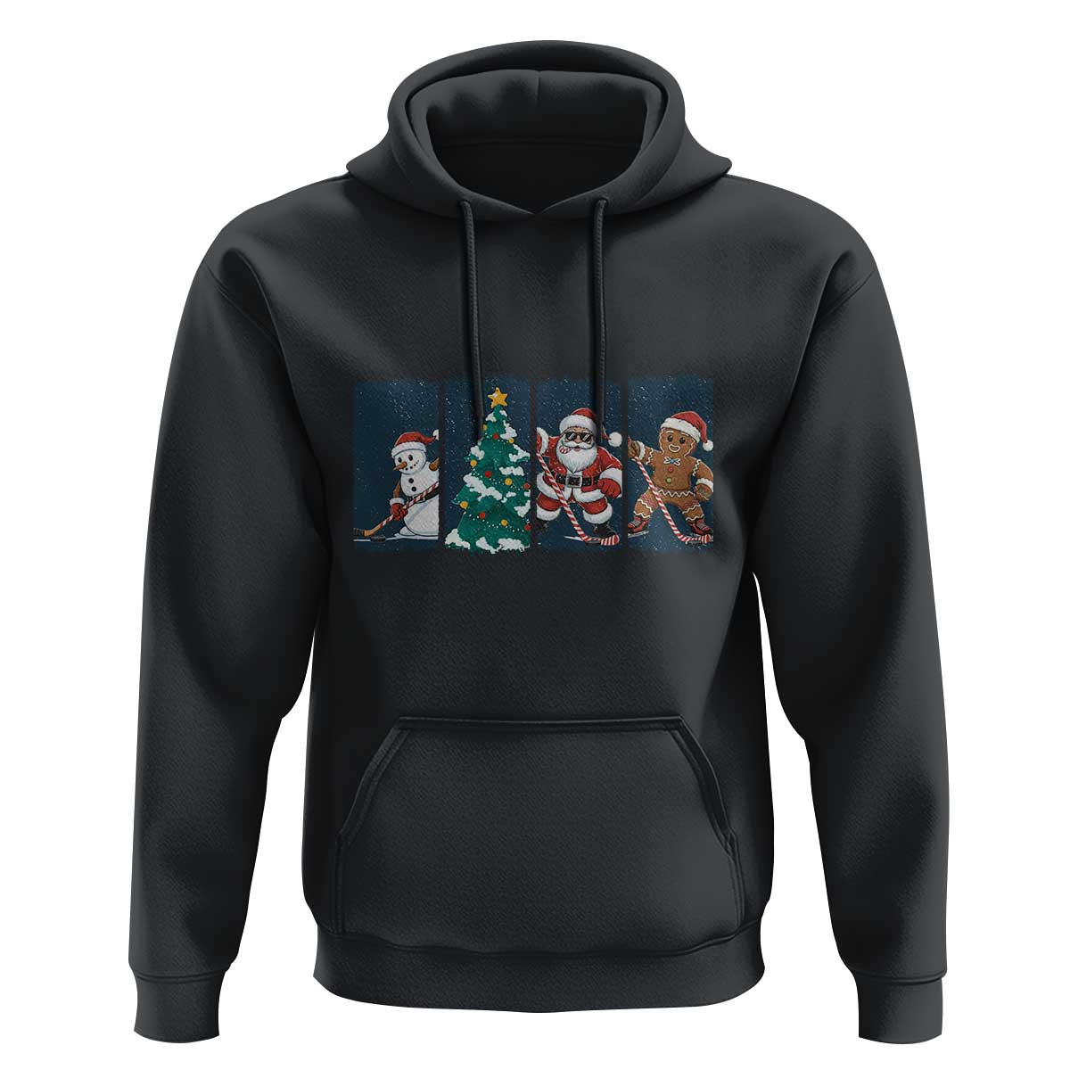 Funny Ice Hockey Christmas Gift Hoodie Santa Snowman And Gingerbread Playing Together - Wonder Print Shop