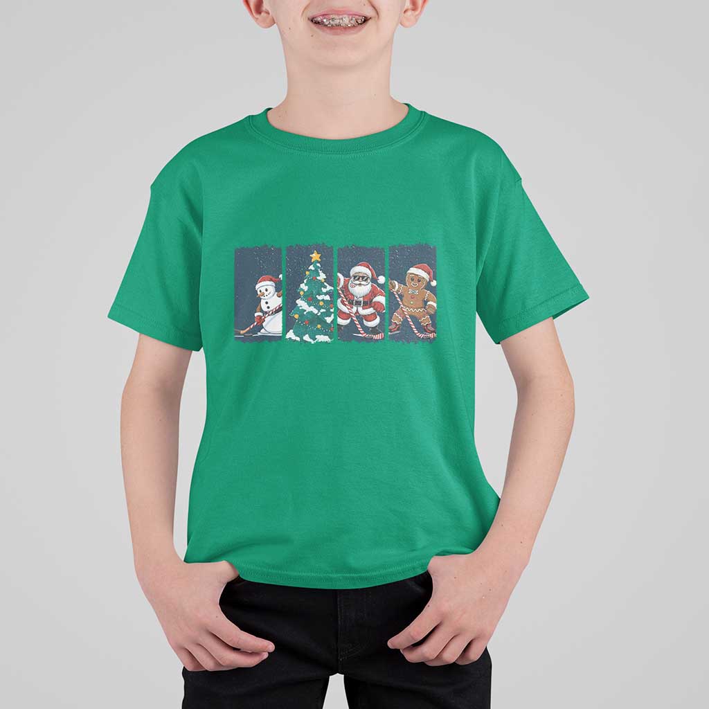 Funny Ice Hockey Christmas Gift T Shirt For Kid Santa Snowman And Gingerbread Playing Together - Wonder Print Shop
