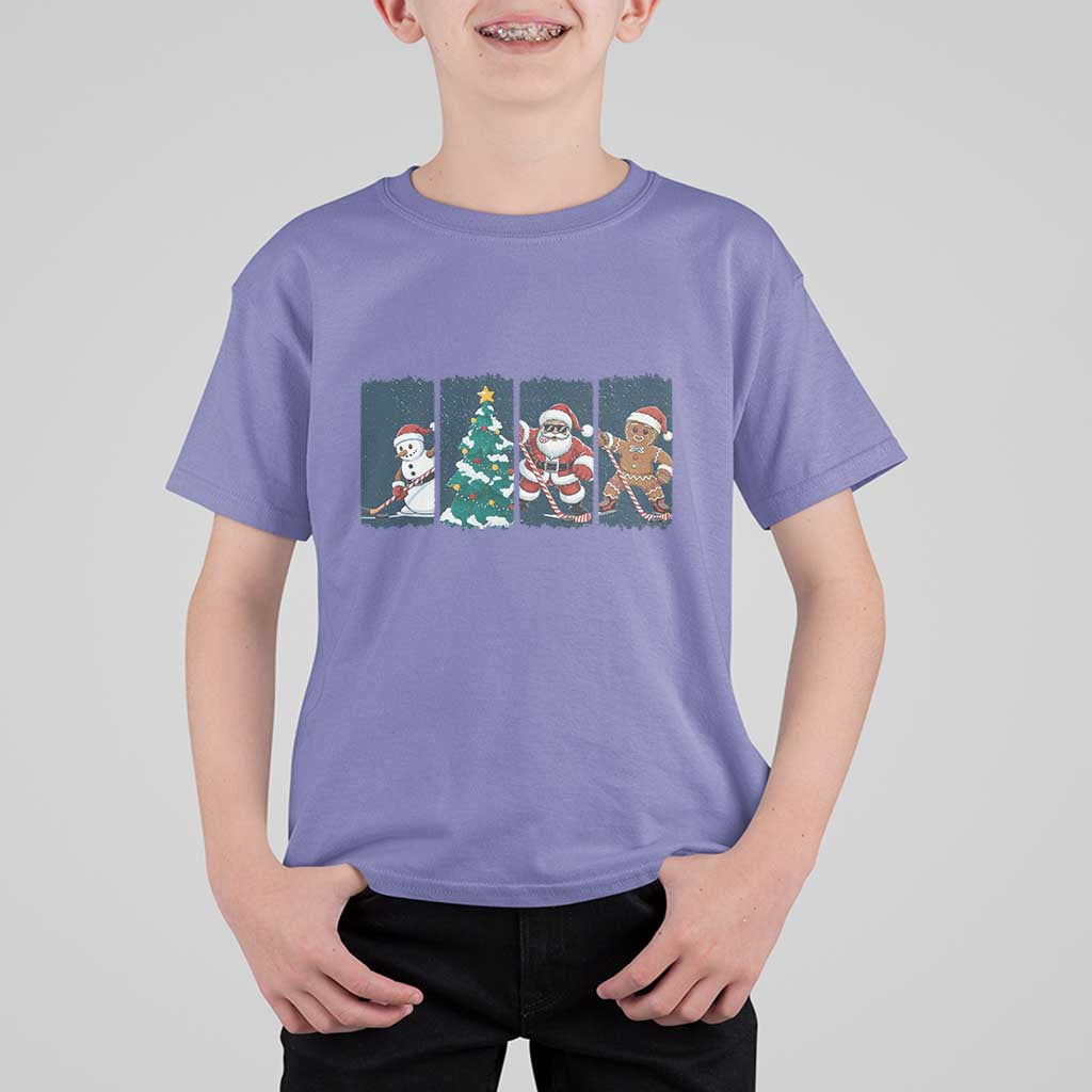 Funny Ice Hockey Christmas Gift T Shirt For Kid Santa Snowman And Gingerbread Playing Together - Wonder Print Shop