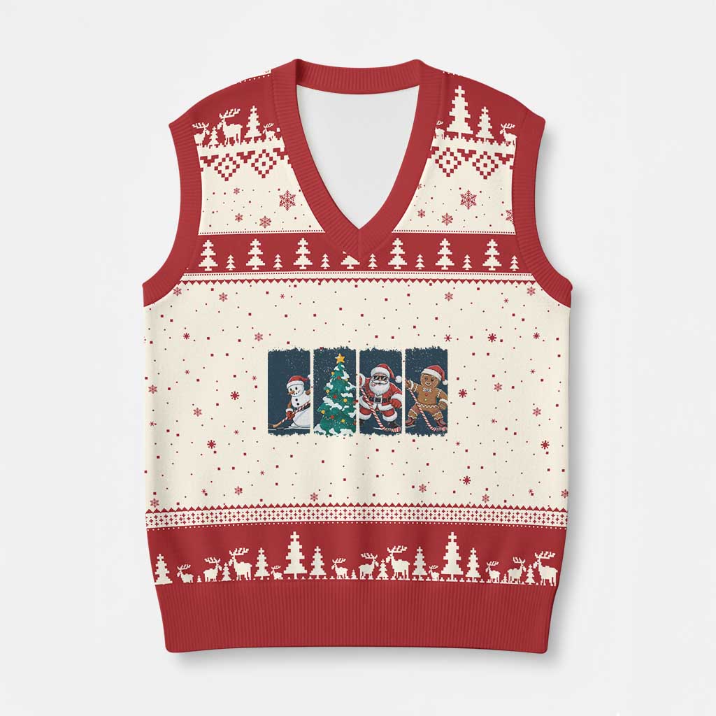 Funny Ice Hockey Xmas Gift V-Neck Knit Sweater Vest Santa Snowman And Gingerbread Playing Together - Wonder Print Shop