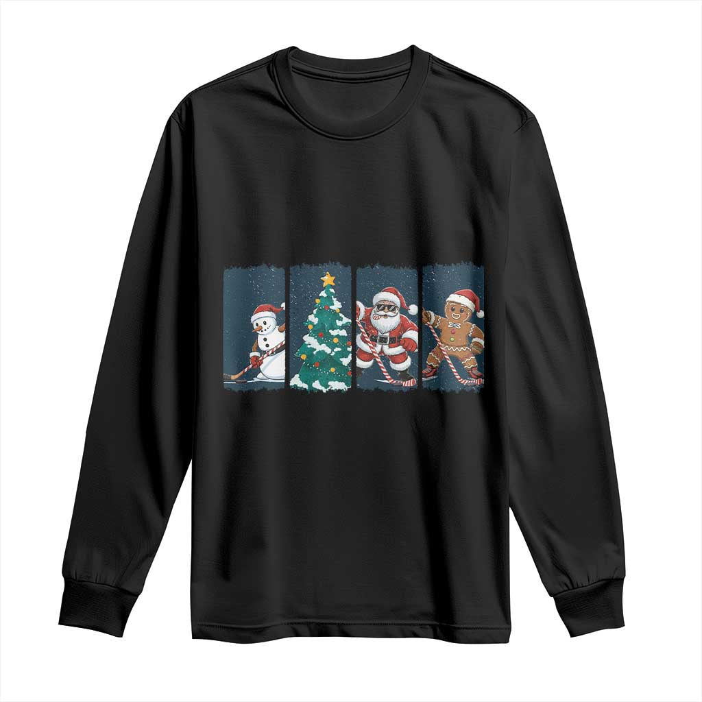 Funny Ice Hockey Christmas Gift Long Sleeve Shirt Santa Snowman And Gingerbread Playing Together - Wonder Print Shop