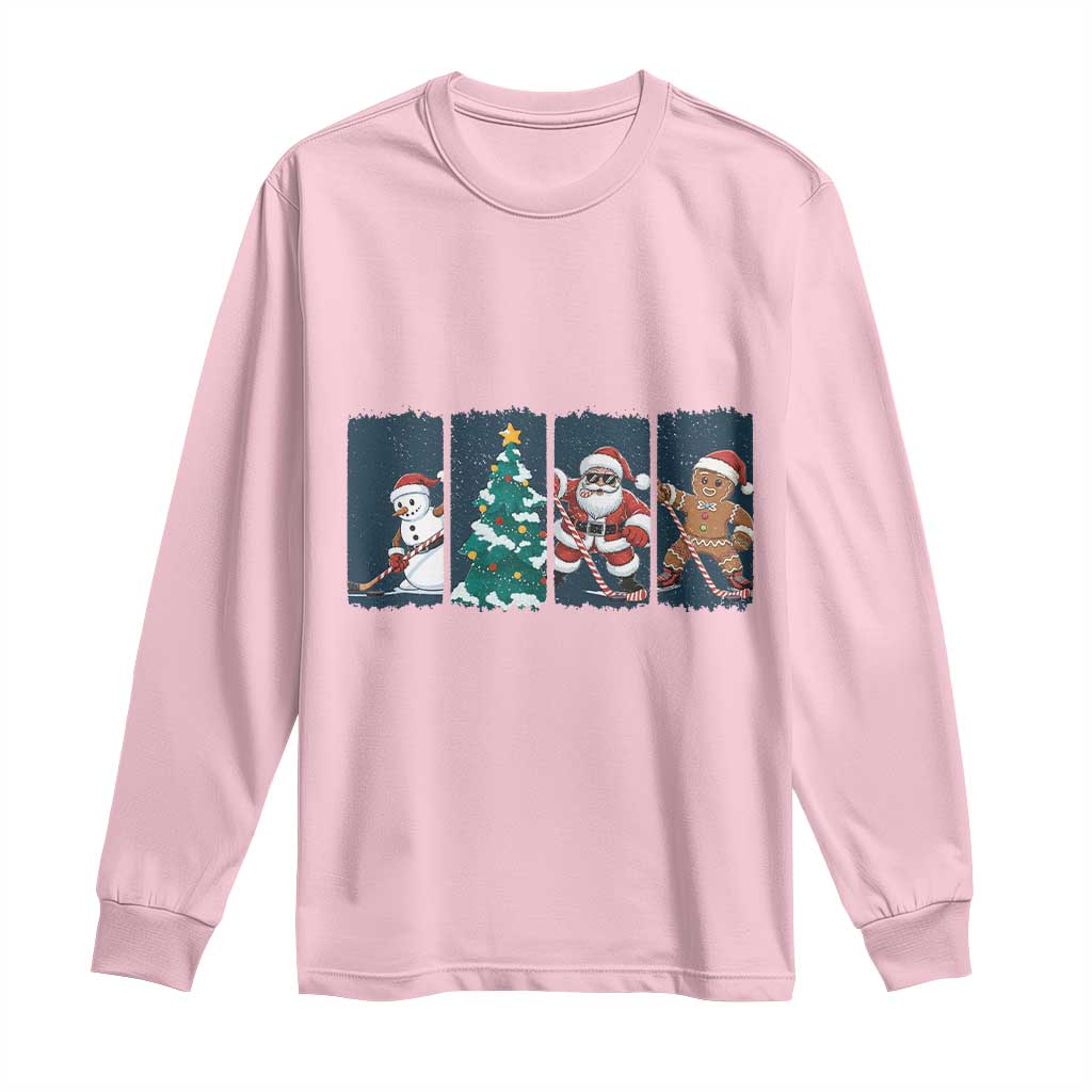 Funny Ice Hockey Christmas Gift Long Sleeve Shirt Santa Snowman And Gingerbread Playing Together - Wonder Print Shop