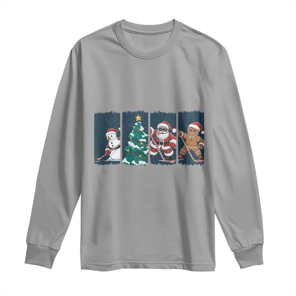 Funny Ice Hockey Christmas Gift Long Sleeve Shirt Santa Snowman And Gingerbread Playing Together - Wonder Print Shop