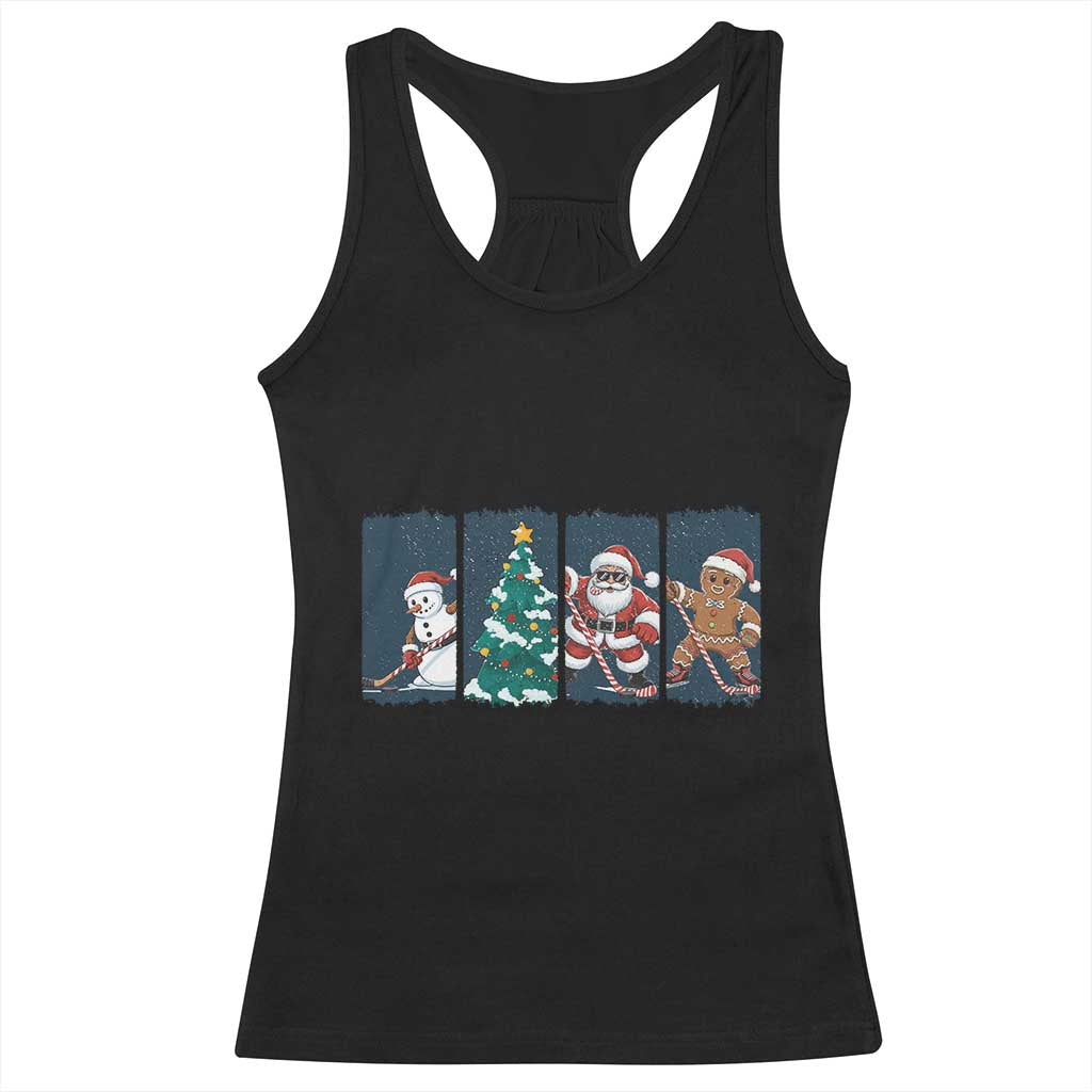 Funny Ice Hockey Christmas Gift Racerback Tank Top Santa Snowman And Gingerbread Playing Together - Wonder Print Shop