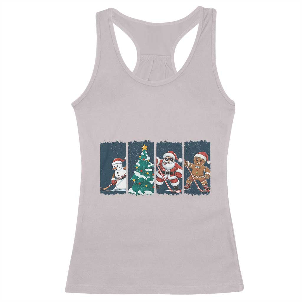 Funny Ice Hockey Christmas Gift Racerback Tank Top Santa Snowman And Gingerbread Playing Together - Wonder Print Shop