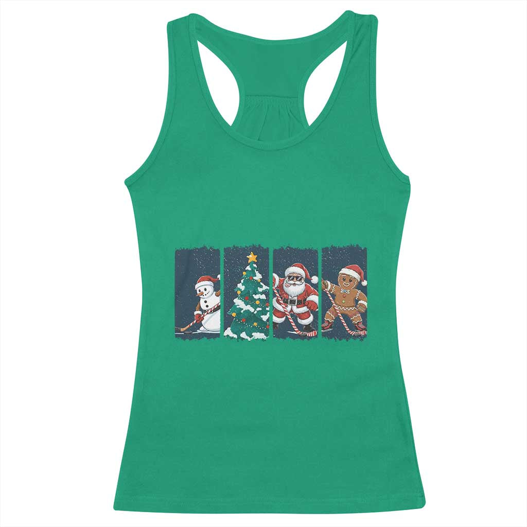 Funny Ice Hockey Christmas Gift Racerback Tank Top Santa Snowman And Gingerbread Playing Together - Wonder Print Shop