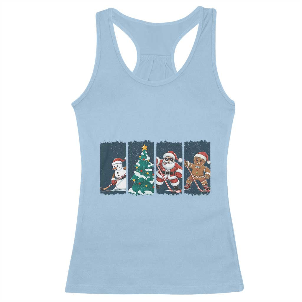 Funny Ice Hockey Christmas Gift Racerback Tank Top Santa Snowman And Gingerbread Playing Together - Wonder Print Shop