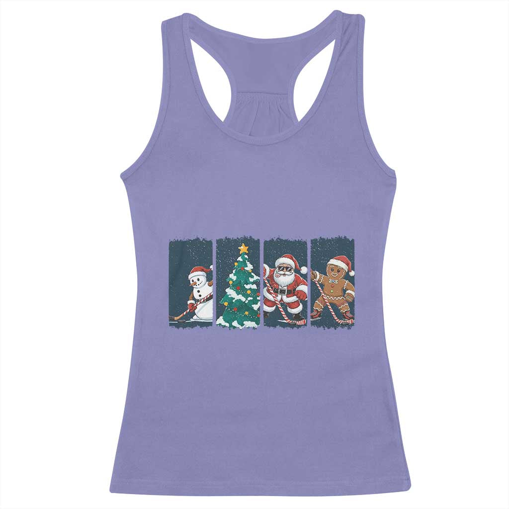 Funny Ice Hockey Christmas Gift Racerback Tank Top Santa Snowman And Gingerbread Playing Together - Wonder Print Shop
