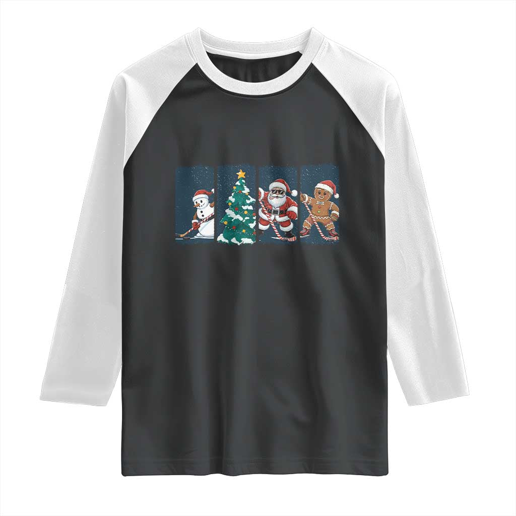 Funny Ice Hockey Christmas Gift Raglan Shirt Santa Snowman And Gingerbread Playing Together - Wonder Print Shop