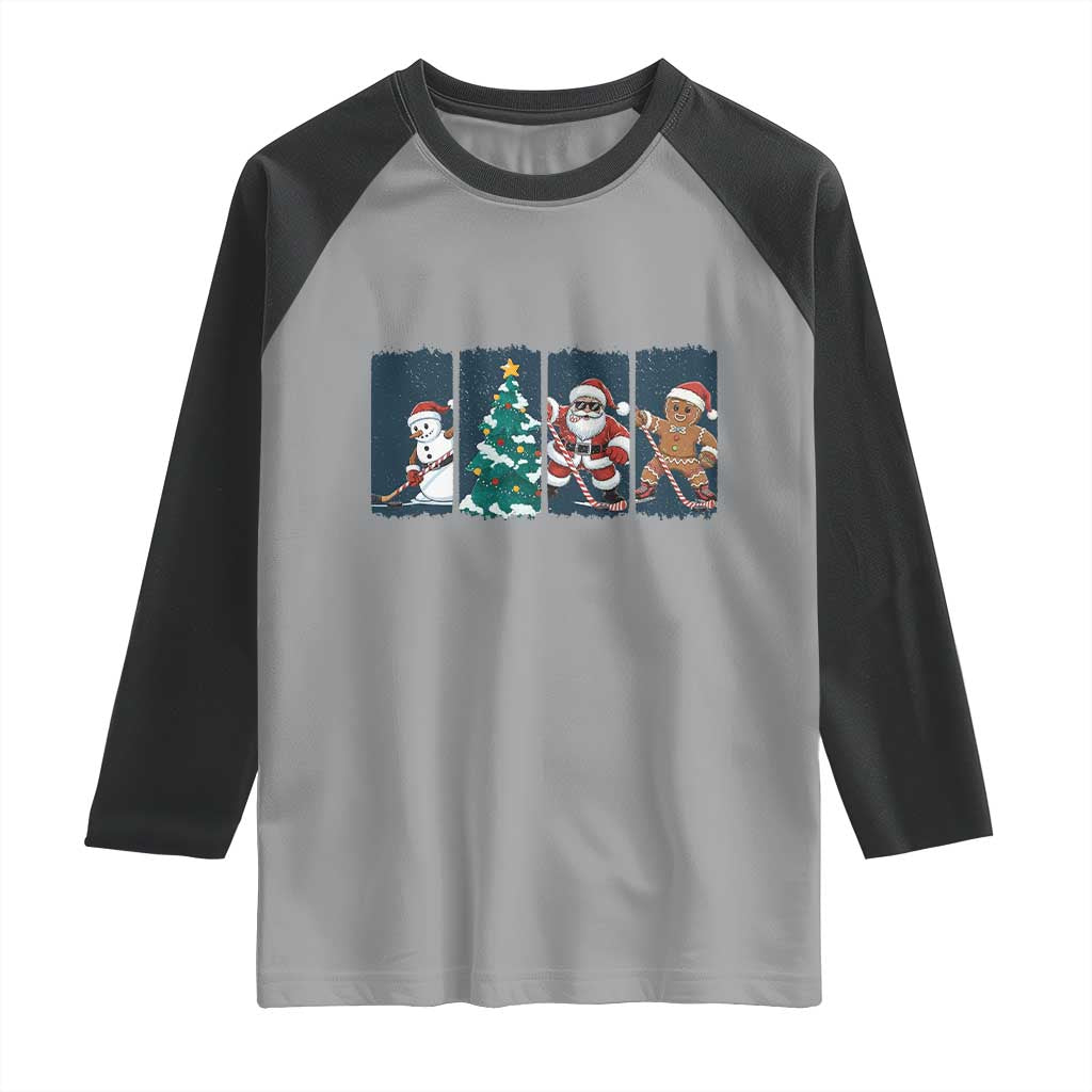 Funny Ice Hockey Christmas Gift Raglan Shirt Santa Snowman And Gingerbread Playing Together - Wonder Print Shop