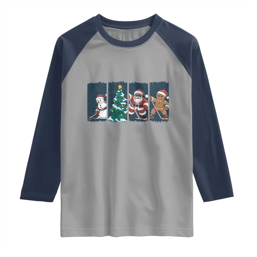 Funny Ice Hockey Christmas Gift Raglan Shirt Santa Snowman And Gingerbread Playing Together - Wonder Print Shop
